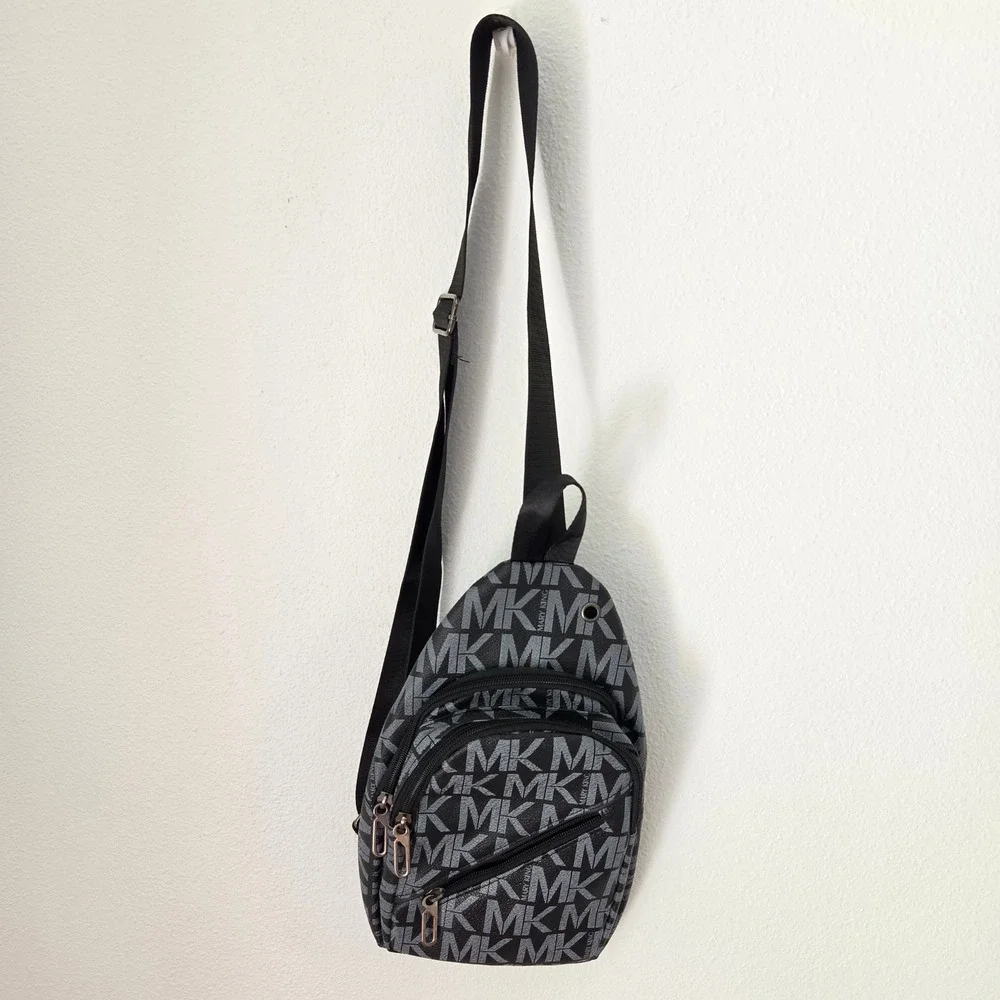 Mary King Black Monogram Sling Backpack Crossbody Bag MK Print Vegan Leather